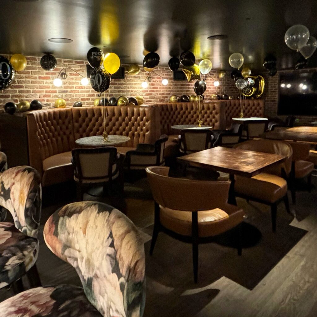 The cellar bar at Manor House Lindley, ready for a party with balloons.