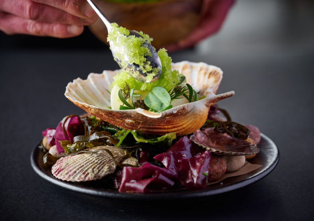 A close up view of chef dishing up a scallop at Manor House Lindley Restaurant