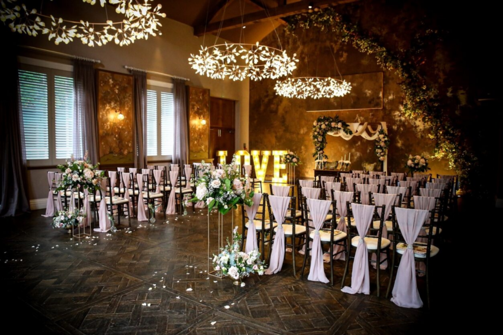 A view of a wedding setup inside the wedding venue at Manor House Lindley